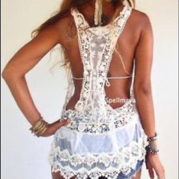 Last 1 M! New Bohemian Crochet & Lace Tank Top Swim Coverup - Picture 6 of 16